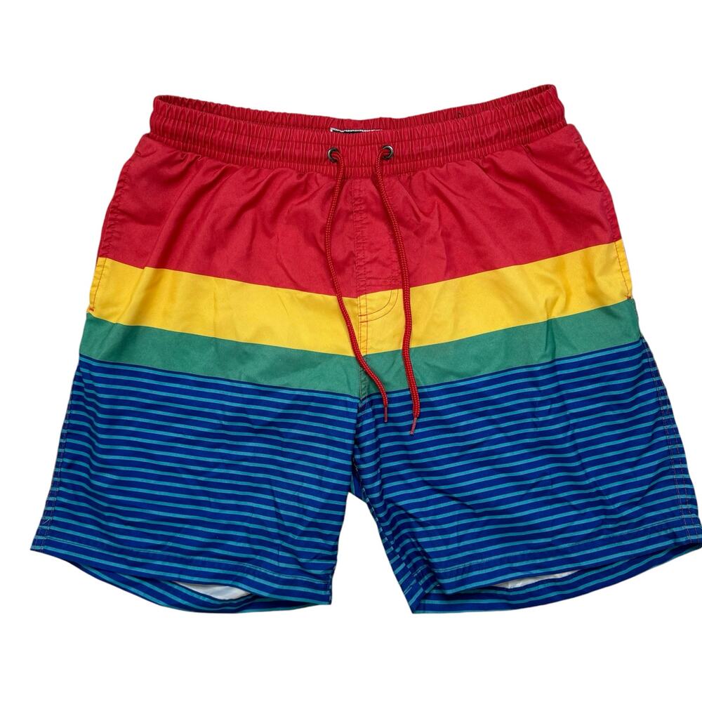 CLUB ROOM Rainbow Stripe Mesh Lined Swim Shorts Size Medium Mens Elastic Waist